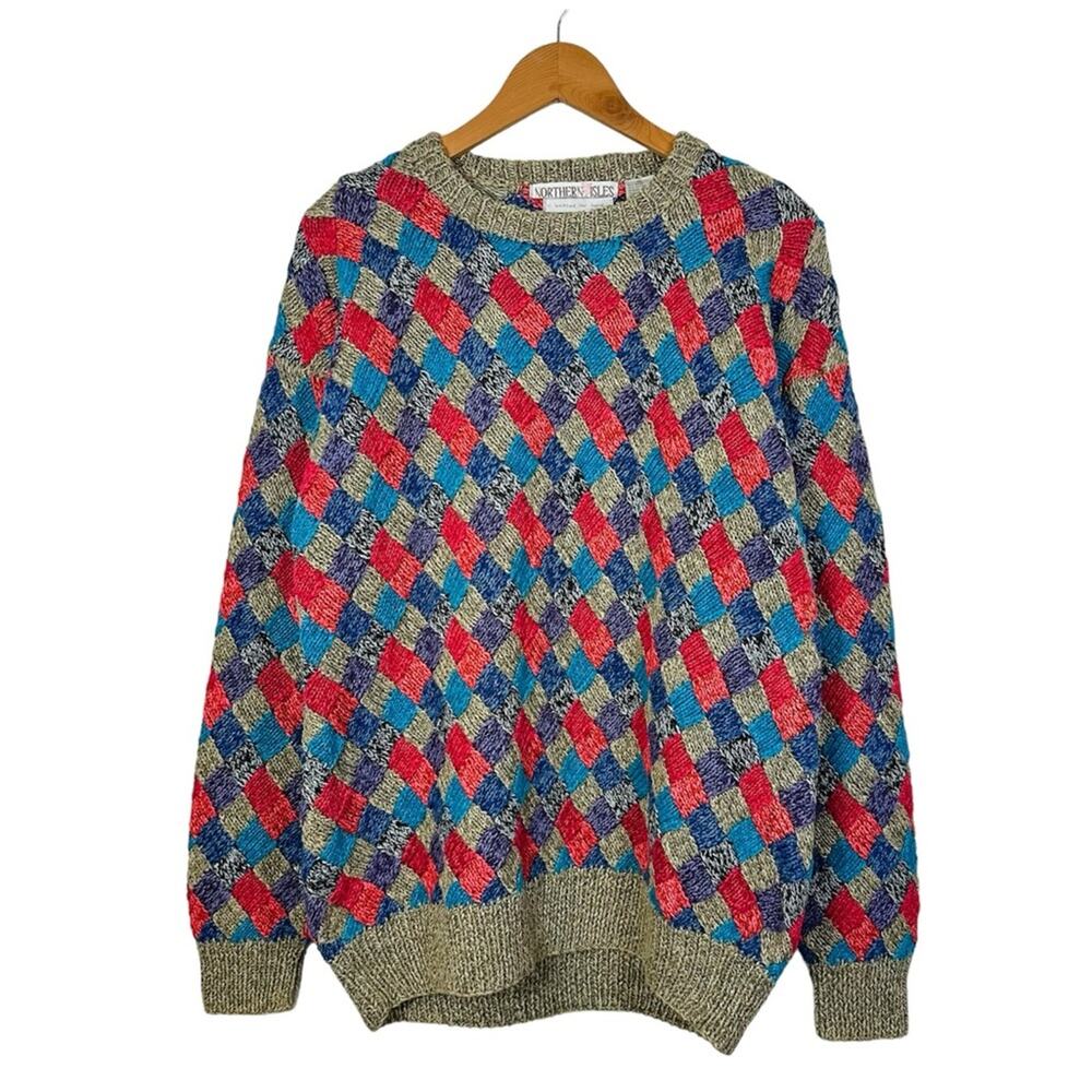 Vintage Grandpa Sweater Size XL Patchwork Northern Isles Geometric Hand Knit